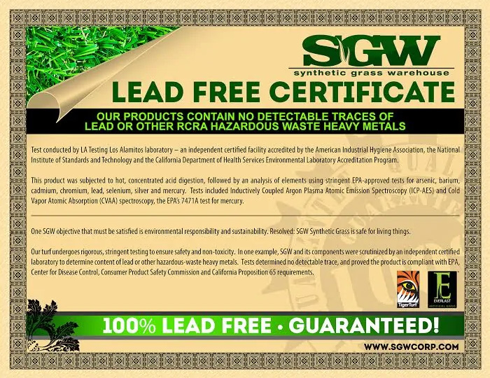 DFW Turf Solutions Synthetic Grass Warehouse Lead Free Certificate