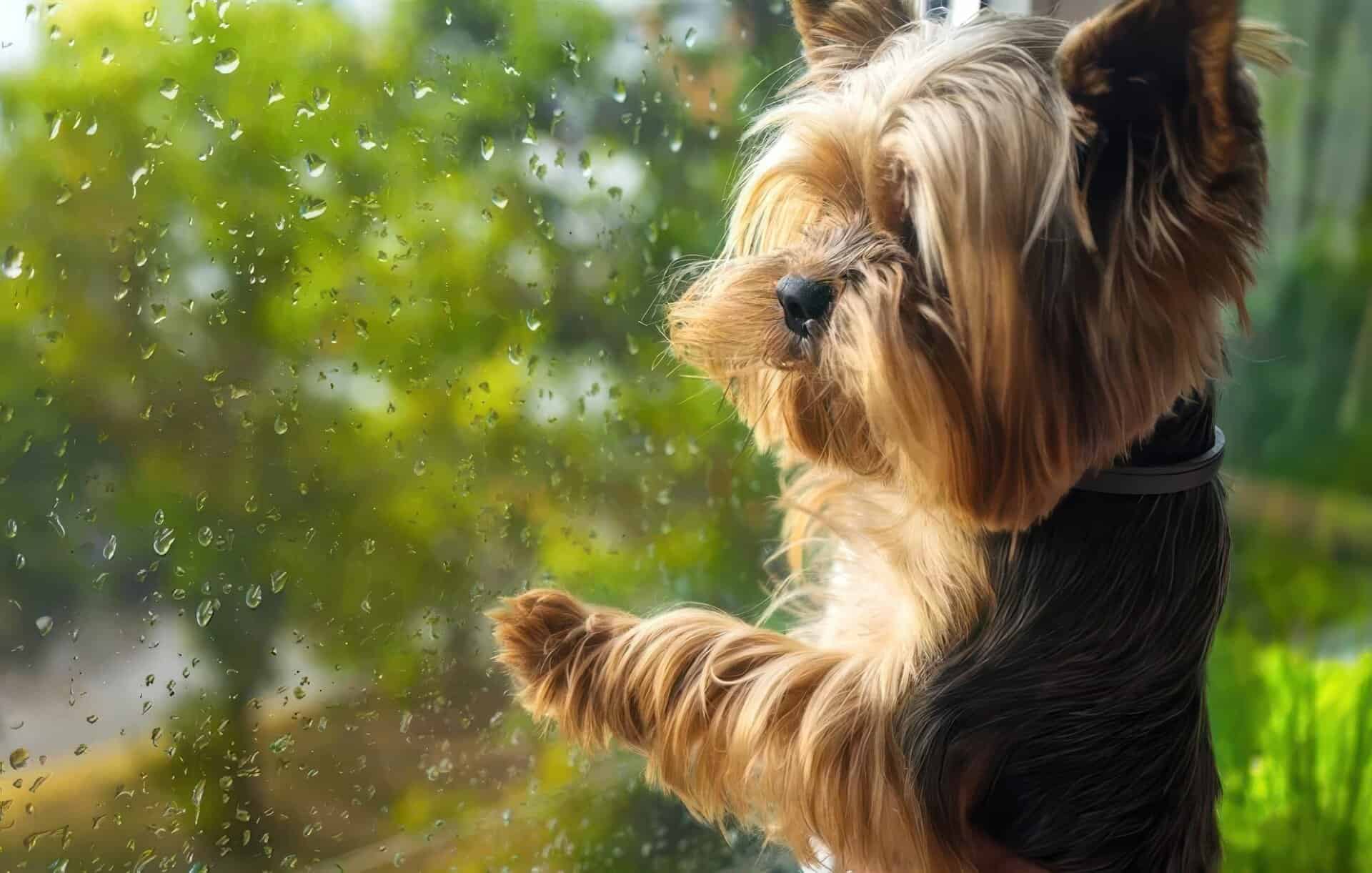Small dog looks out rain-covered window with paw on glass, trees blurred in background.
