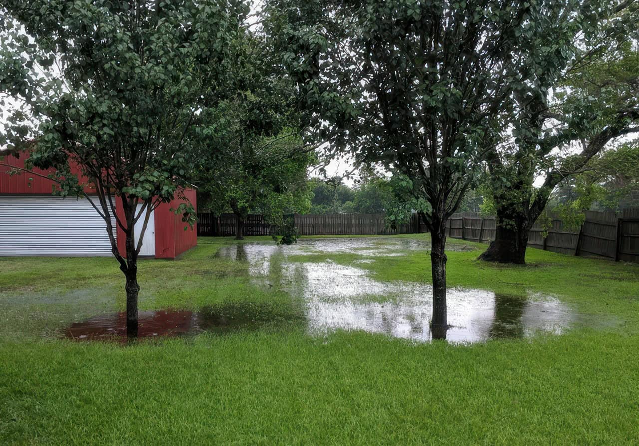A backyard lawn with several large puddles of rainwater pooling around trees and near a red shed, showing signs of poor drainage on the grass.