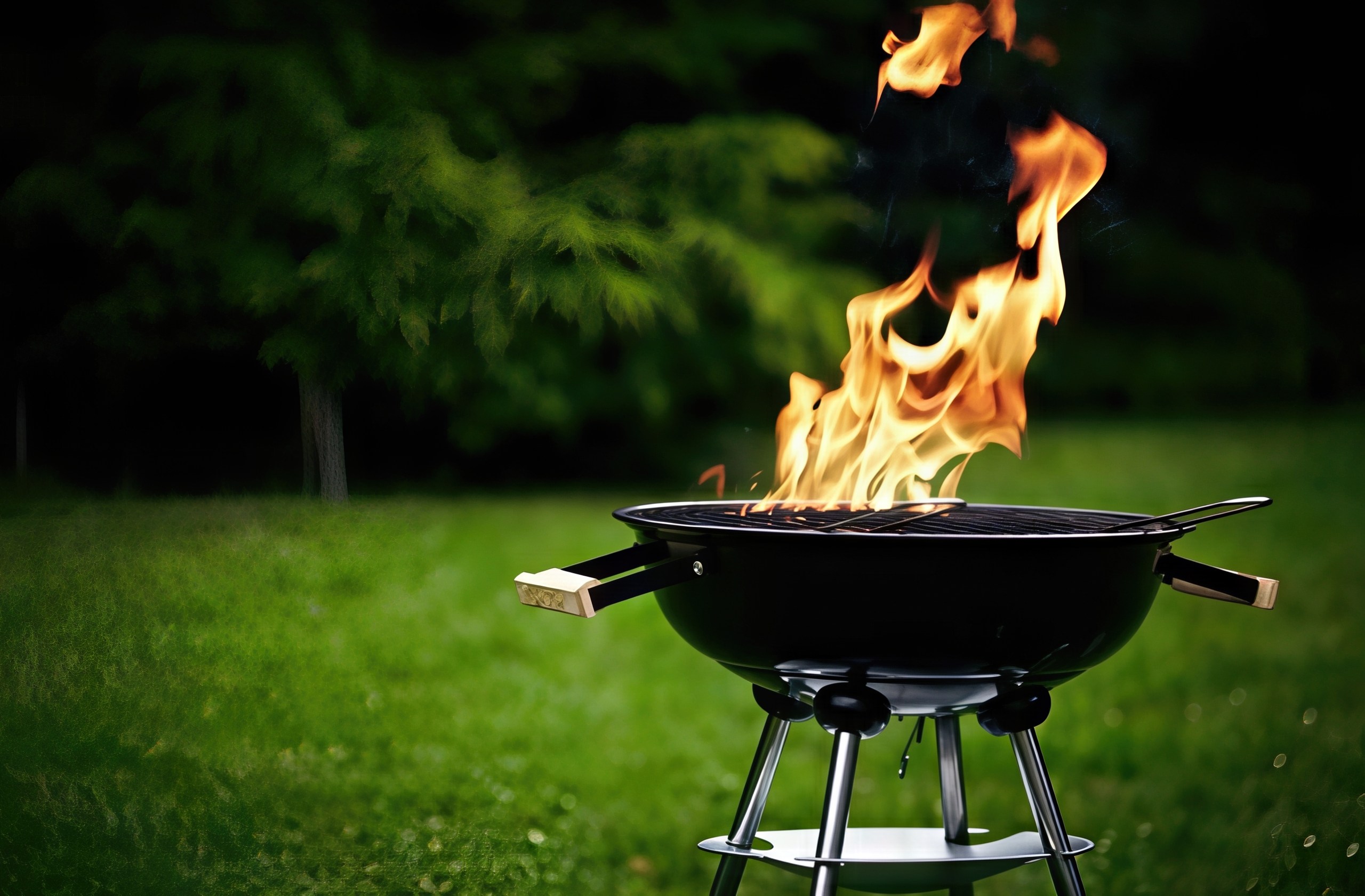 A lit charcoal barbecue on a grassy lawn emits large flames, posing a risk of melting nearby artificial turf due to high heat or embers.