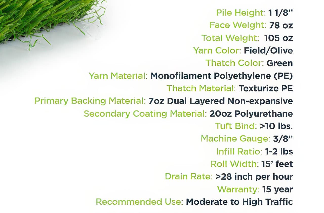 Artificial turf product specifications including pile height, face weight, yarn material, thatch color, backing materials, drain rate, and recommended use.