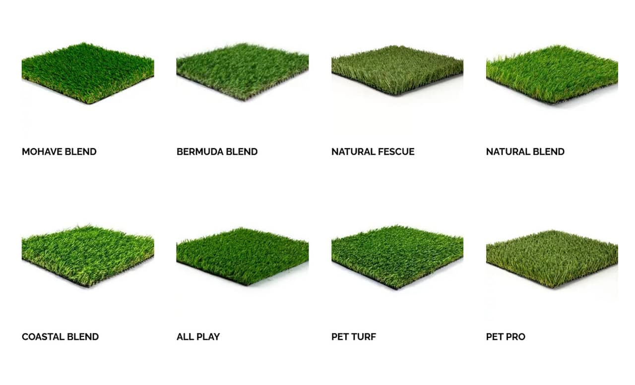 Grid of eight artificial turf samples labeled Mohave, Bermuda, Fescue, Natural, Coastal, All Play, Pet Turf, and Pet Pro.