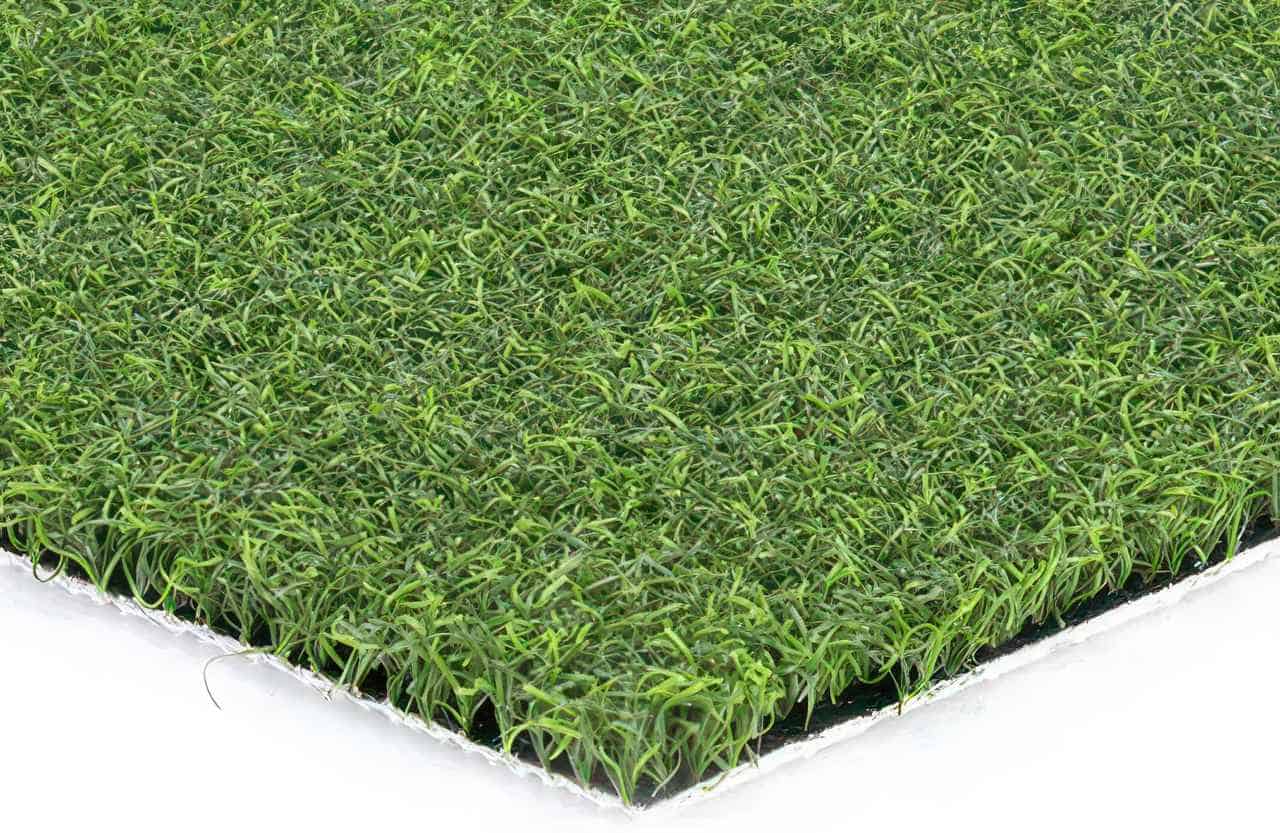 Close-up of putting green artificial turf with short, dense, fine green blades on a white surface, mimicking real grass texture.