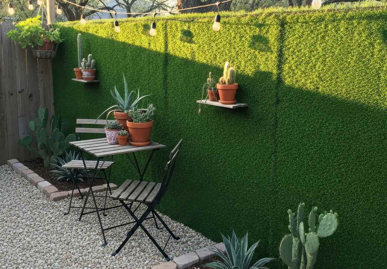 Cozy patio corner with a small wooden bistro set, potted cacti, gravel flooring, and an artificial grass wall with hanging lights.