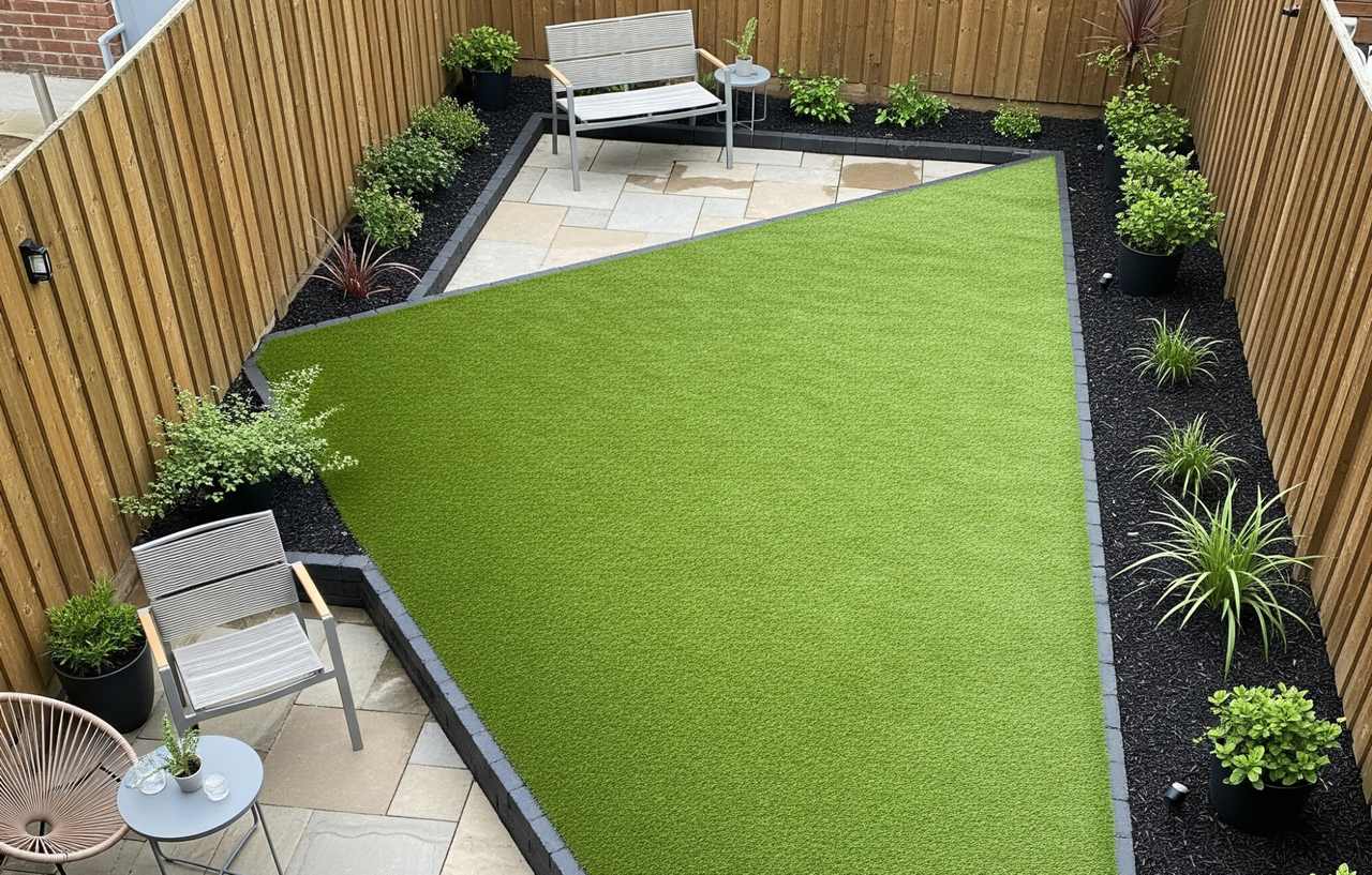 Backyard with triangular artificial grass, modern patio seating, and border landscaping along wood fencing.