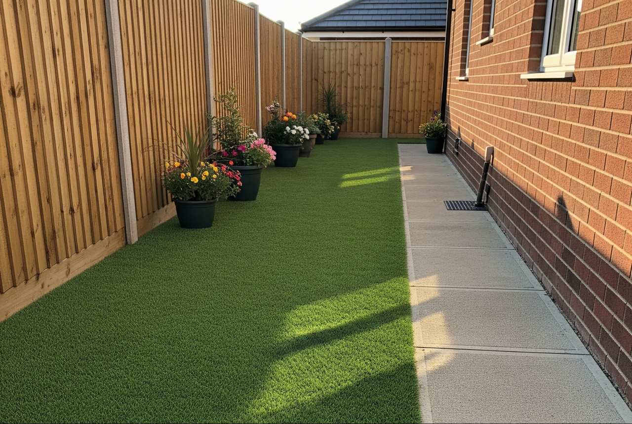 Narrow side yard with artificial grass, flower pots lining the fence, and a paved walkway beside a brick house.