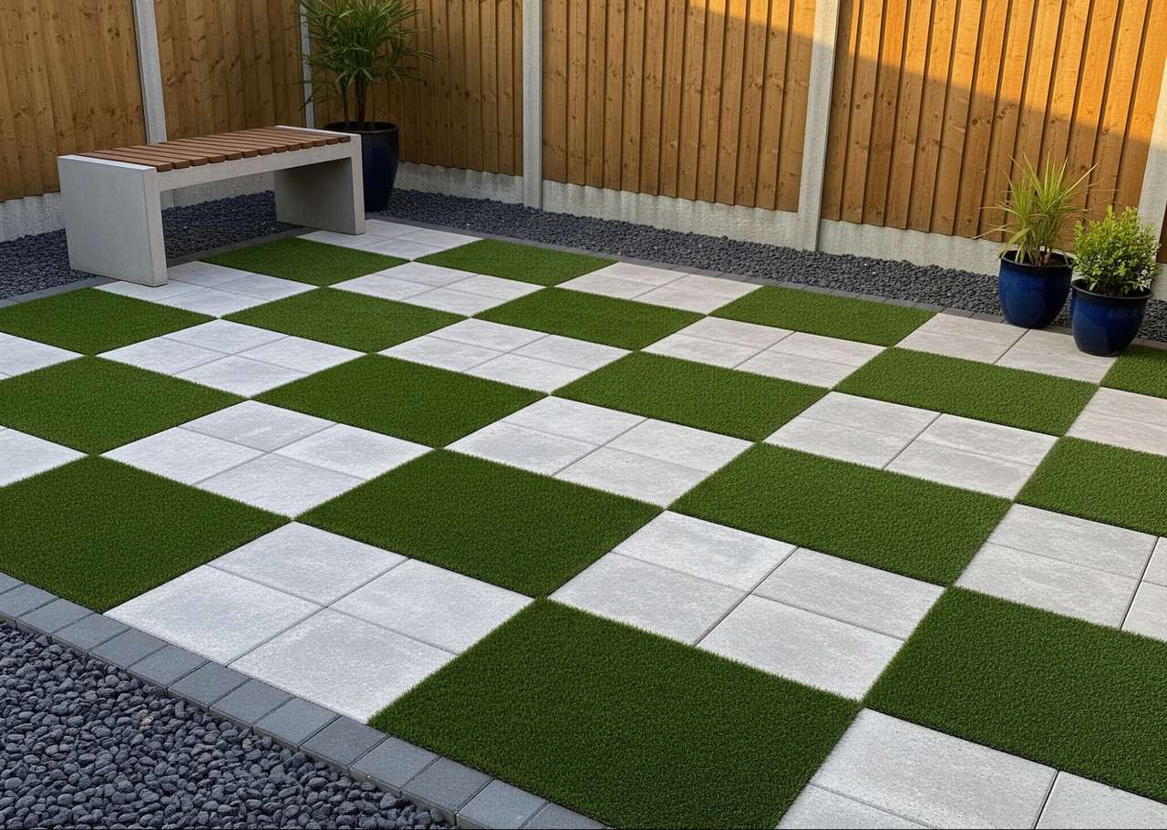 Checkerboard-style patio with alternating square tiles of artificial grass and white pavers, surrounded by gray gravel and wooden fence, with potted plants and a modern bench.