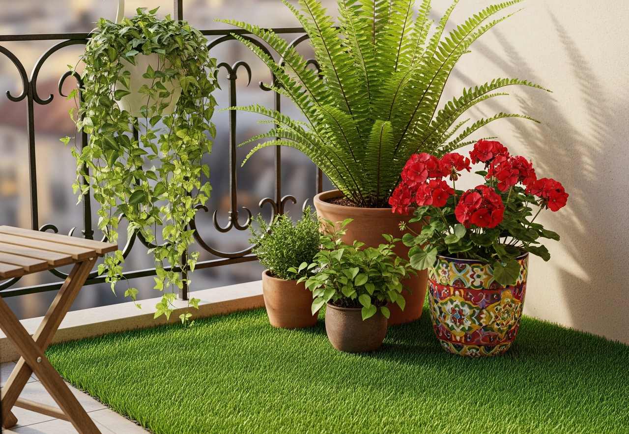Balcony corner with artificial grass, colorful potted plants, and hanging ivy near a black wrought-iron railing.
