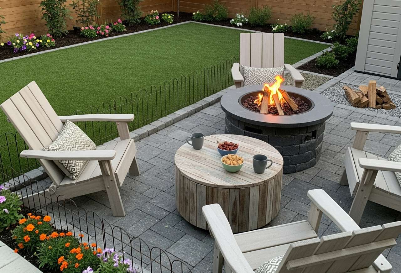 Cozy backyard patio with Adirondack chairs around a lit firepit, a rustic round coffee table with snacks and mugs, artificial grass lawn, and colorful flower borders.