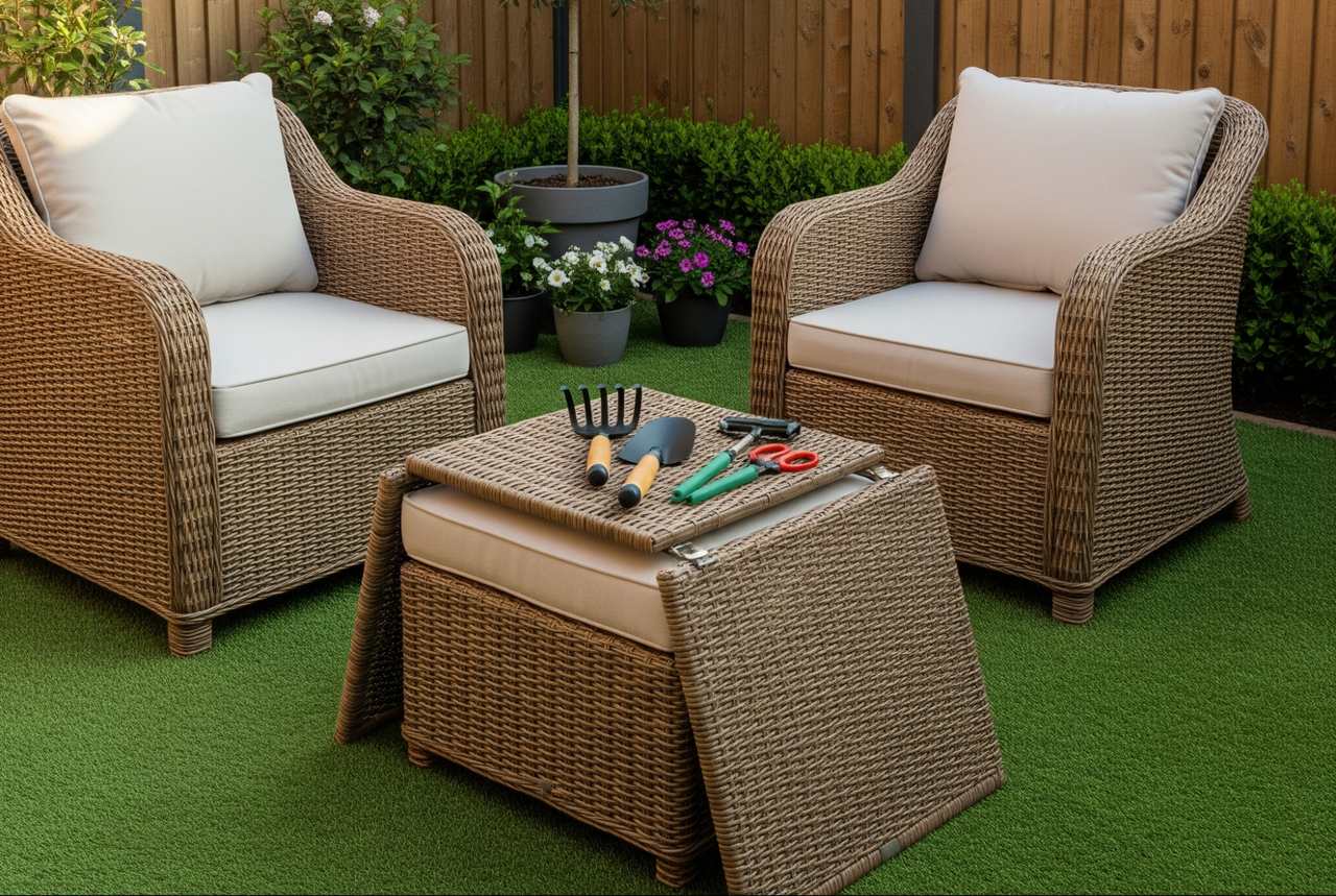 Compact backyard with artificial grass, cozy wicker chairs, a multi-purpose ottoman table, and potted plants along a wooden fence.
