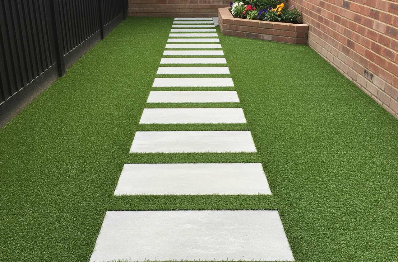 Straight path made of rectangular white pavers set in green artificial grass, bordered by a black fence and a red brick wall, with a raised flower bed at the end.