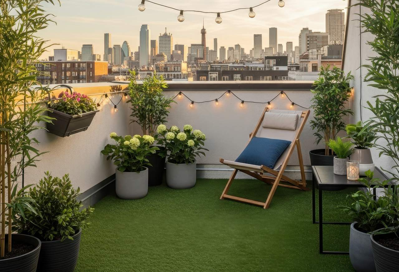 Rooftop patio with artificial grass, potted plants, string lights, and a lounge chair overlooking a city skyline at sunset.