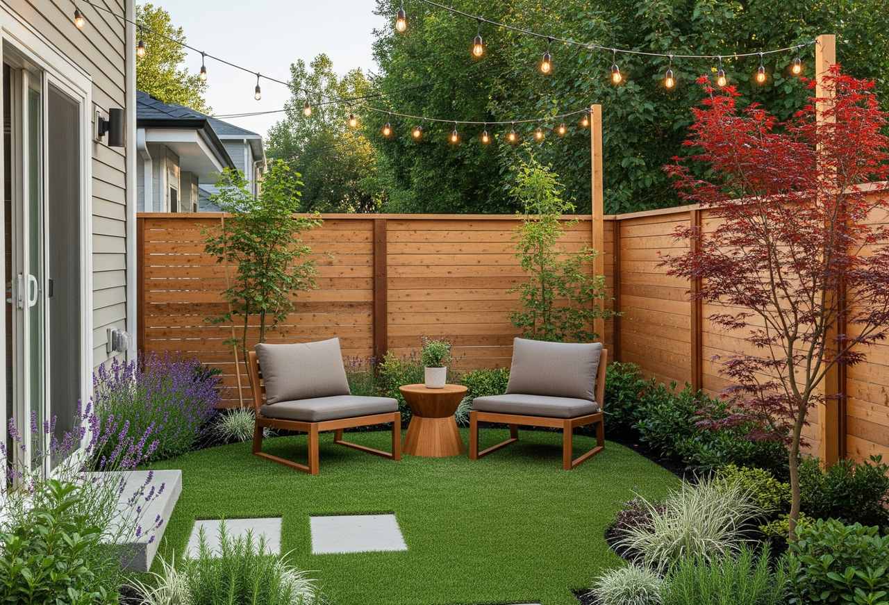 Cozy backyard sitting area with two cushioned chairs, a wooden table, string lights, and artificial grass surrounded by plants.