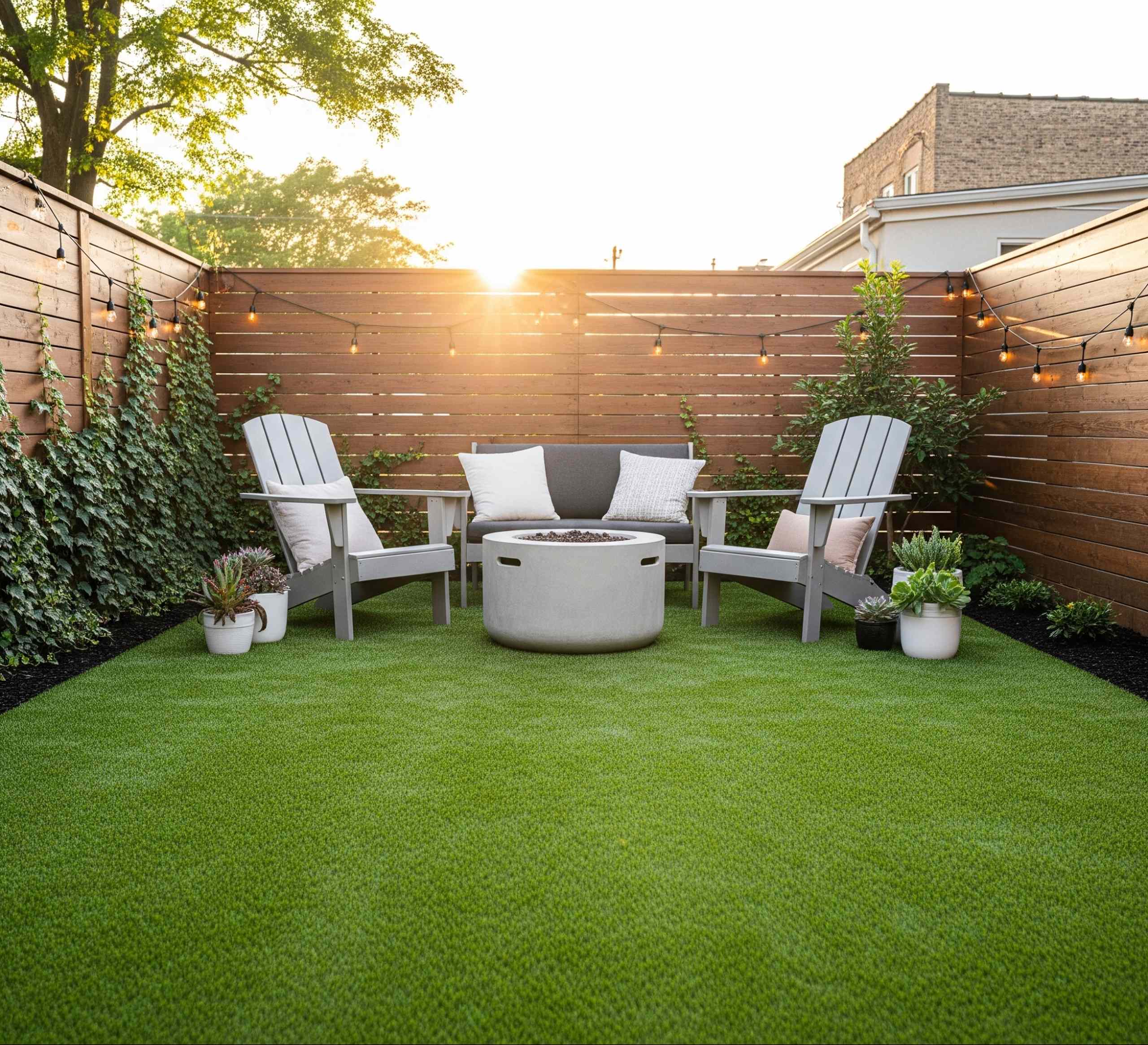 Small backyard ideas featuring artificial grass, a cozy seating area with Adirondack chairs and a fire pit, surrounded by potted plants, wooden fencing, and string lights at sunset.