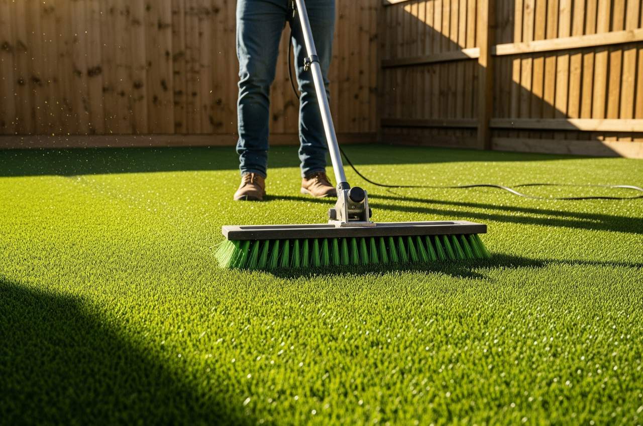 Artificial grass being professionally cleaned with a power broom in a fenced backyard — ideal for maintaining lush turf in small outdoor spaces.