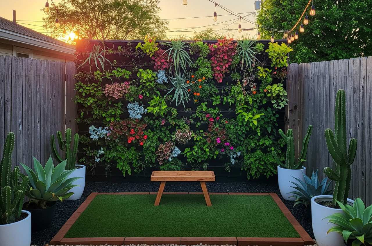 Vibrant vertical garden wall with colorful plants and succulents, surrounded by potted cacti and a small artificial grass area with a wooden bench.