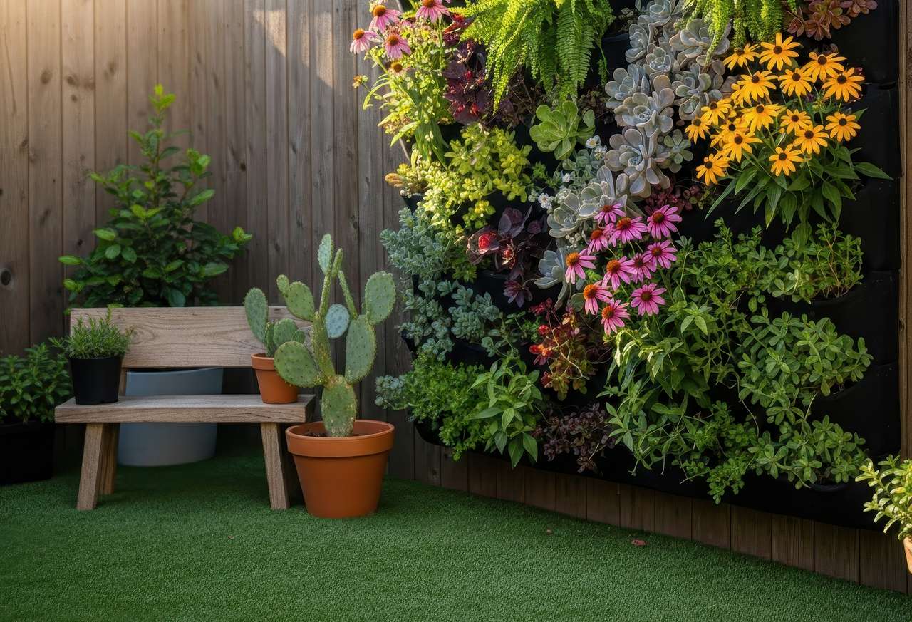 Lush vertical garden with colorful flowers and succulents on a wooden fence wall, beside a small wooden bench and potted cactus on artificial grass.
