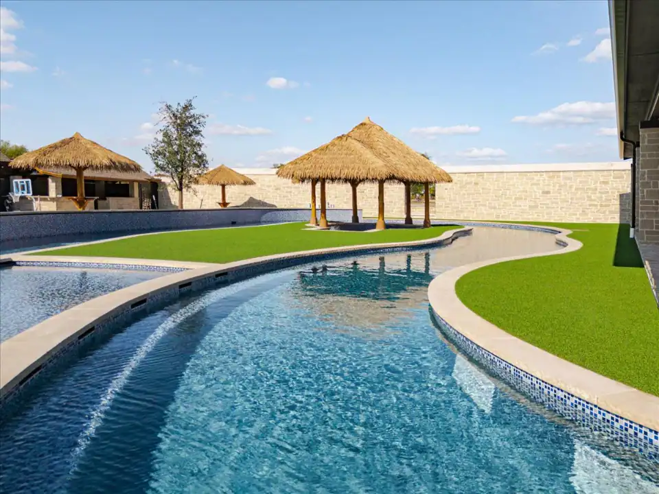 Artificial Grass Lawn in Garland Artificial Grass Lawn in Garland with a pool and pergola