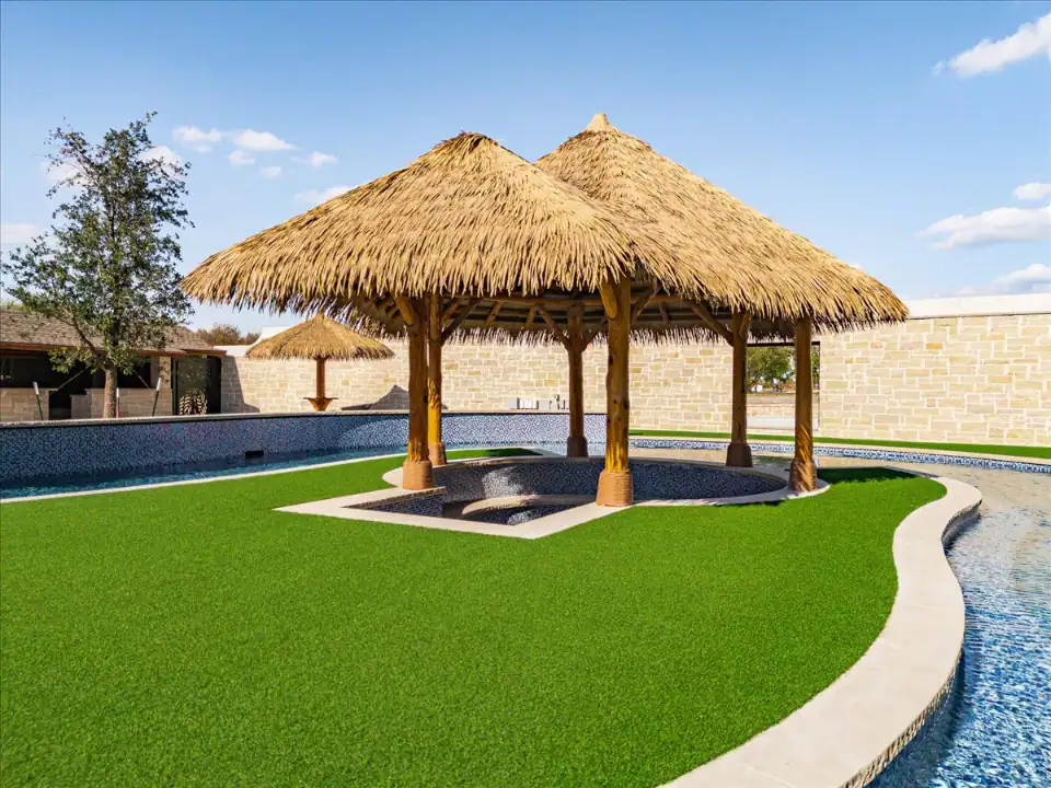 Synthetic Turf Yard in Fort Worth around a seating area in a lazy river
